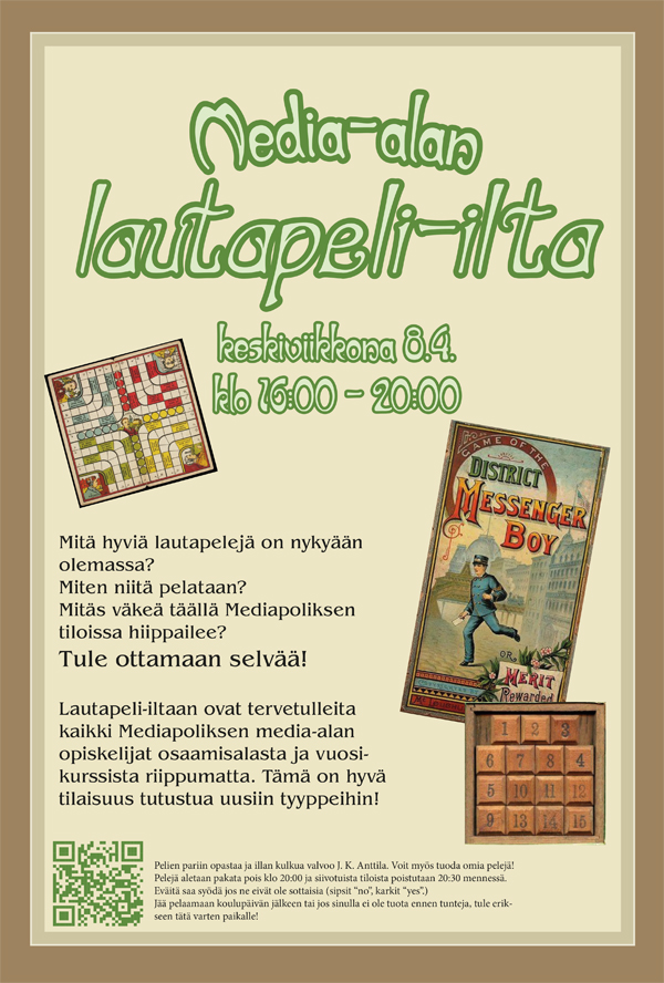 Juliste Media-alan lautapeli-iltaan, keskiviikkona 8.4. klo 16-20
