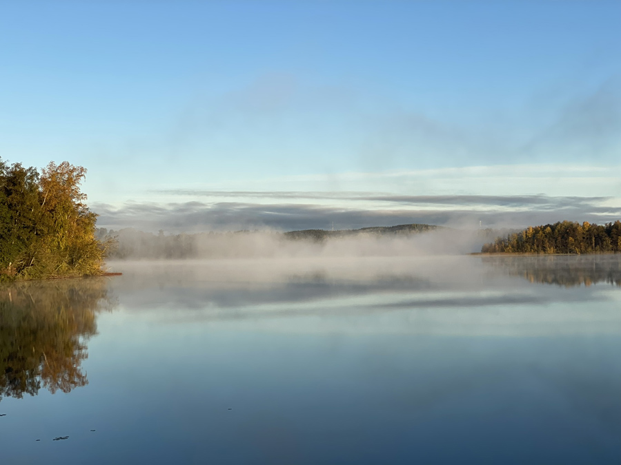 Usvaa Tohlopinjärvellä aamuauringossa