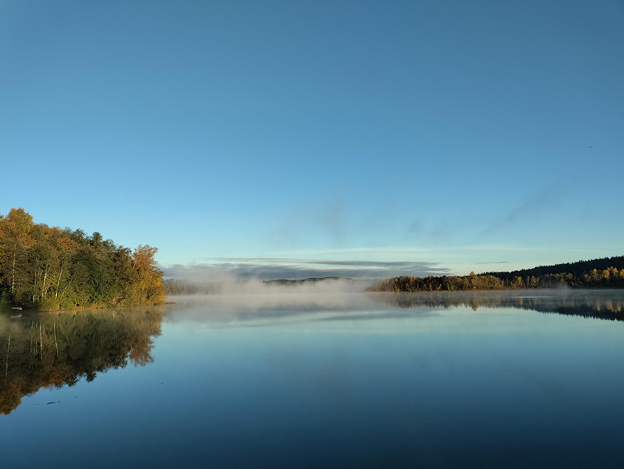 Usvaa Tohlopinjärvellä aamuauringossa