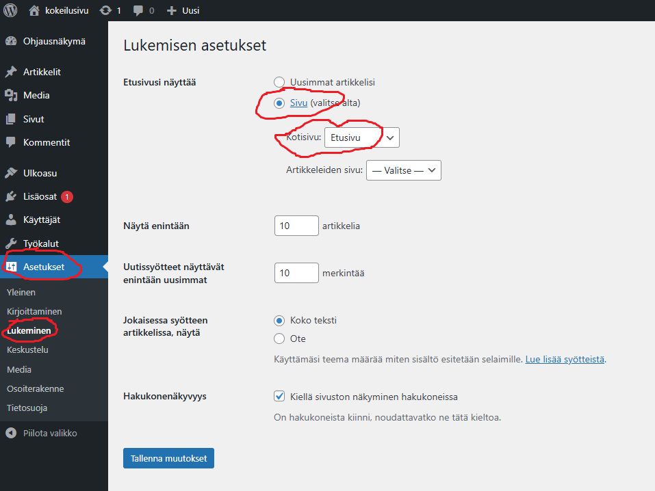 Ruutukaappaus asetusten kohdasta: Lukeminen
