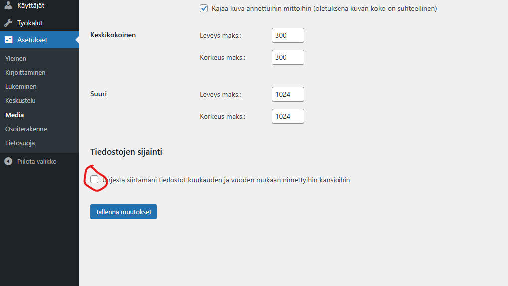 Ruutukaappaus asetusten kohdasta: Media