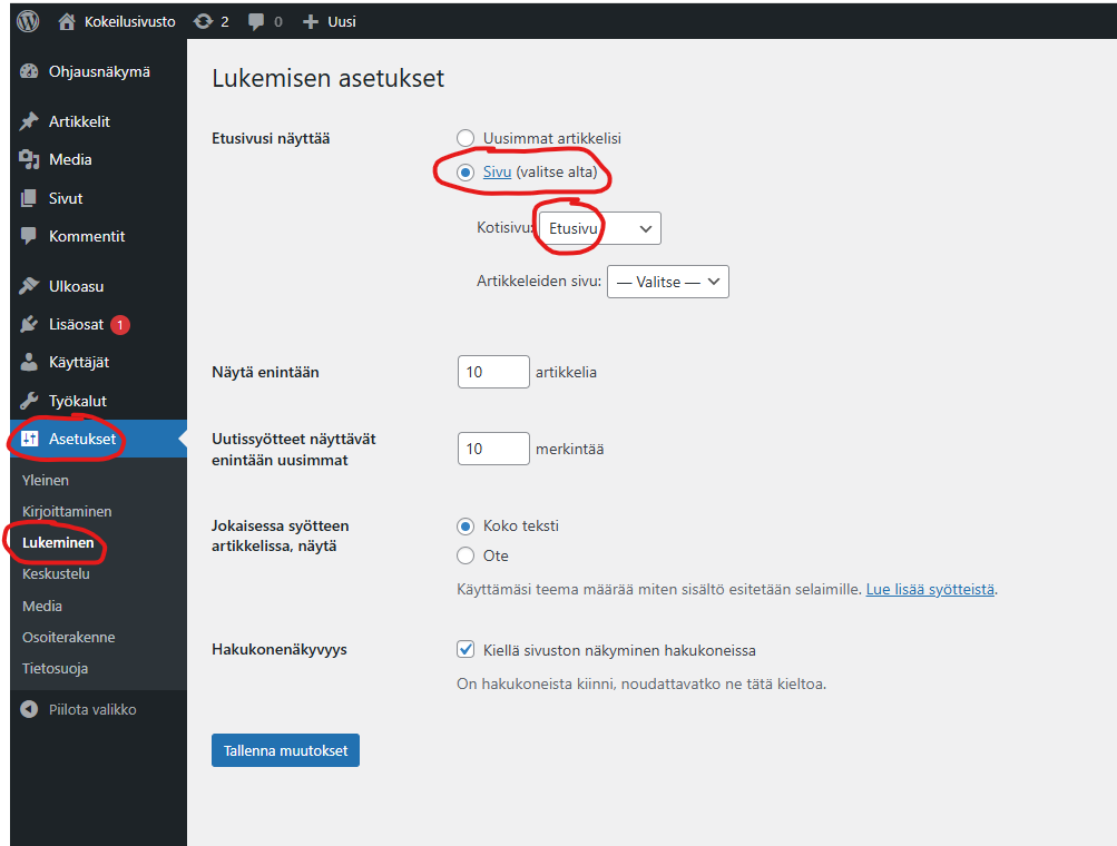 Ruutukaappaus Asetusten kohdasta Lukeminen.