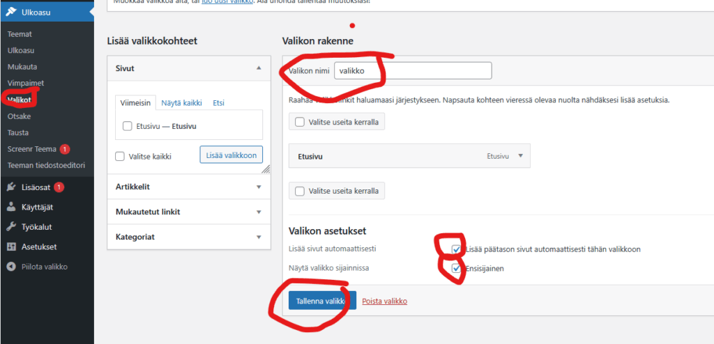 Ruutukaappaus asetusten kohdasta valikot