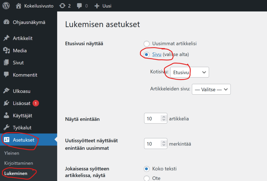 Ruutukaappaus Asetusten kohdasta Lukeminen.