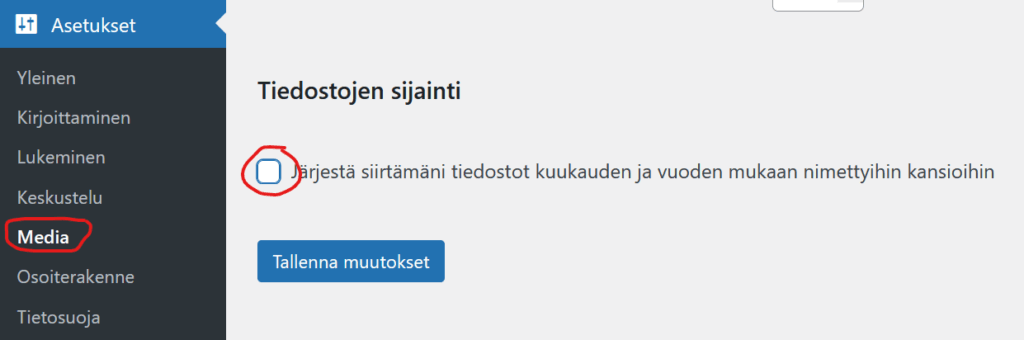 Ruutukaappaus Asetusten kohdasta Media.