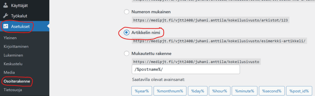 Ruutukaappaus Asetusten kohdasta Osoiterakenne.