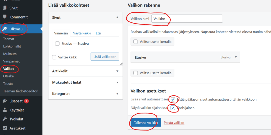 Ruutukaappaus Asetusten kohdasta Valikot.