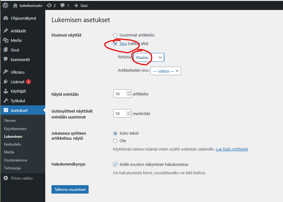 Ruutukaappaus Asetusten Kohdasta Lukeminen.