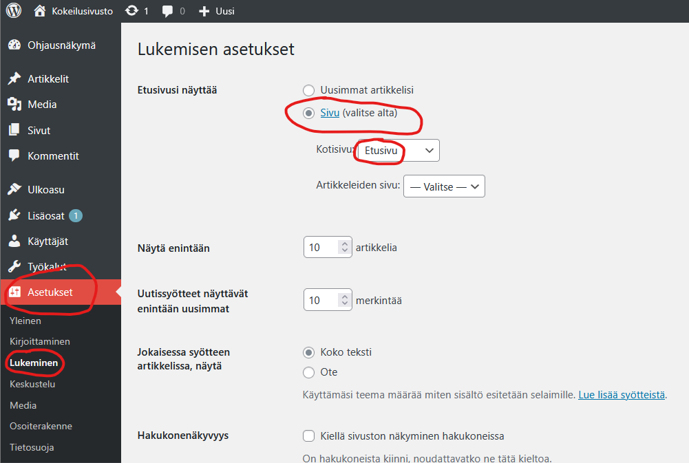 Ruutukaappaus Asetusten kohdasta Lukeminen.