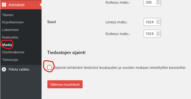 Ruutukaappaus Asetusten kohdasta Media.