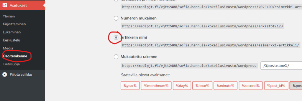Ruutukaappaus Asetusten kohdasta Osoiterakenne.