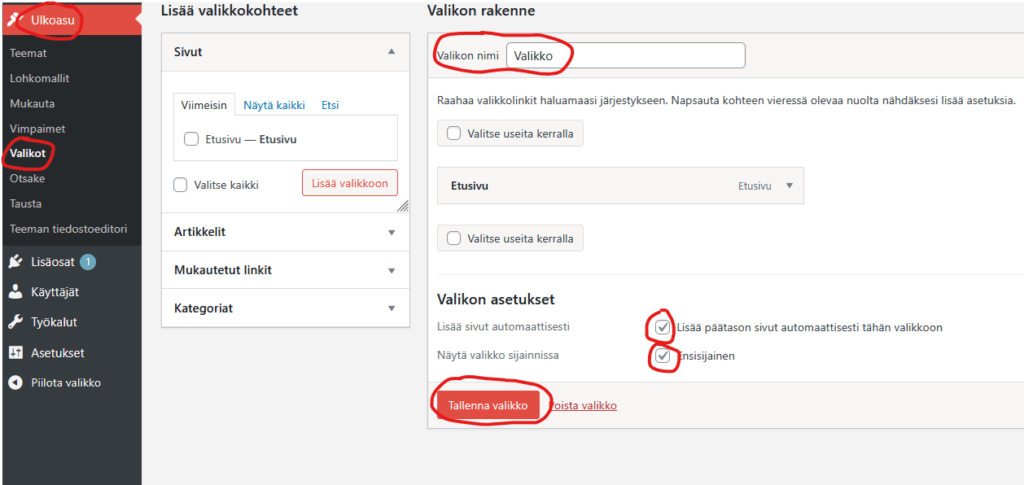 Ruutukaappaus Ulkoasun kohdasta Valikot.
