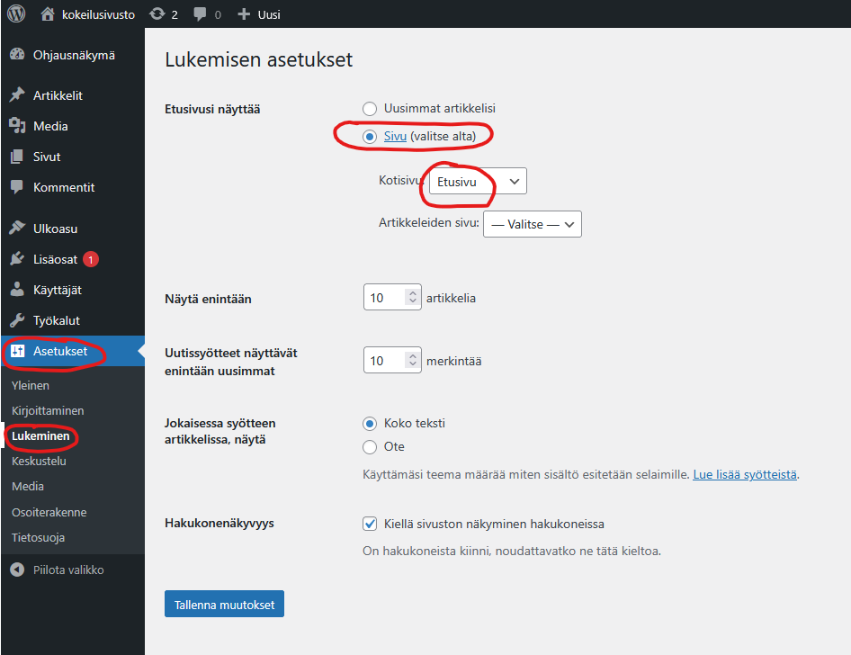 Ruutukaappaus asetusten kohdasta lukeminen.