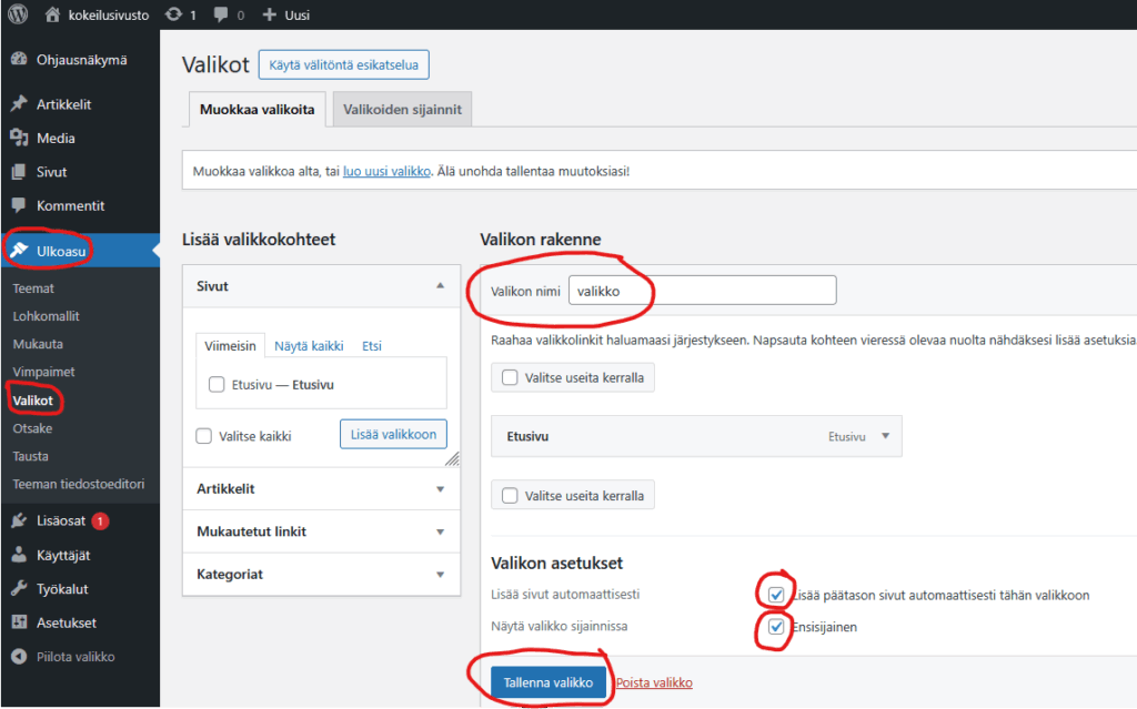 Ruutukaappaus asetusten kohdasta valikot.