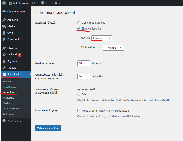 Ruutukaappaus Asetusten kohdasta lukeminen. 