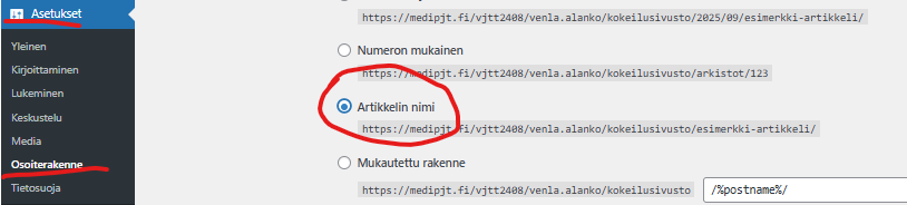 Ruutukaappaus asetusten kohdasta Osoiterakenne.
