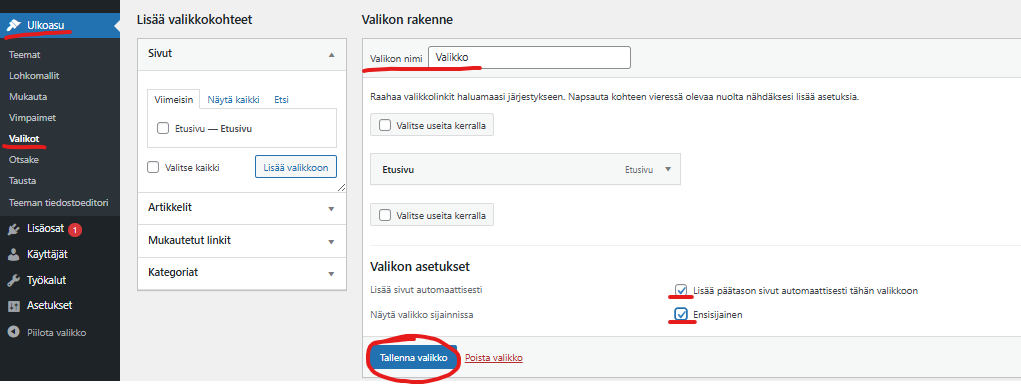 Ruutukaappaus ulkoasusta kohdasta valikot.