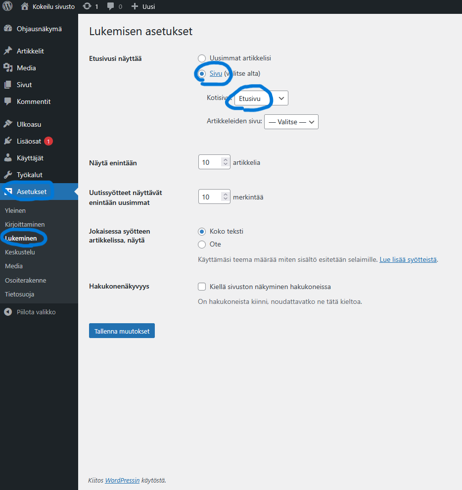 Ruutukaappaus. Asetuksen kohdasta Lukeminen.