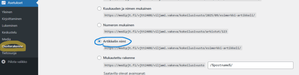 Ruutukaappaus. Asetuksen kohdasta Osoiterakenne.